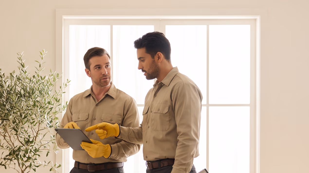Two service technicians talking in a customer's living room