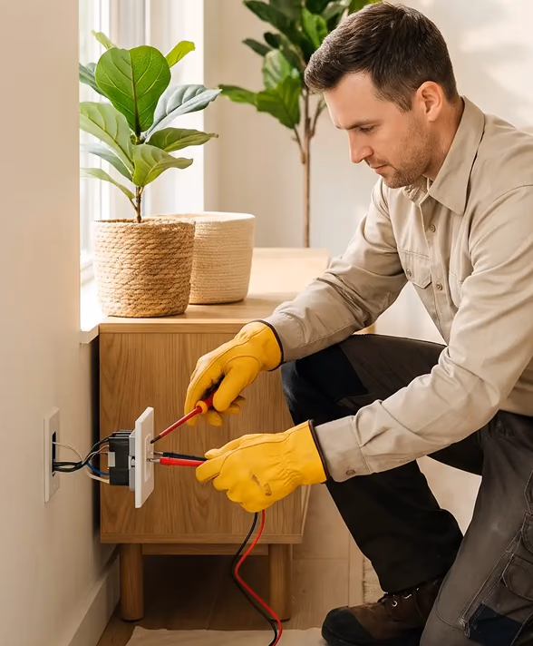 A technician testing a wall outlet with a multimeter