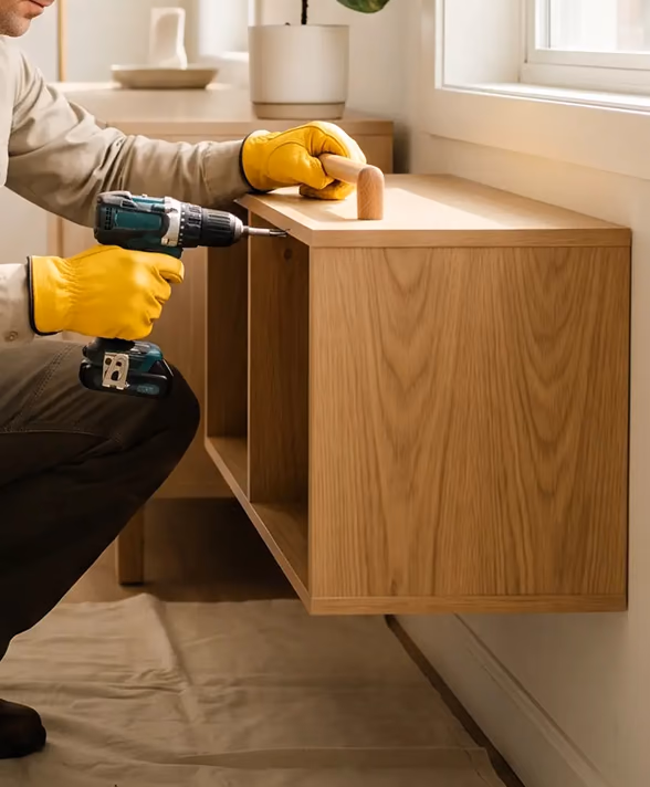 A technician mounting a wall cabinet with a cordless drill