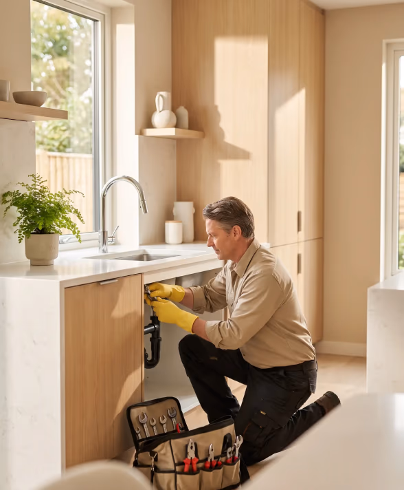 A technician working under a kitchen sink